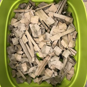 Zerkleinerter brauner Karton in einer offenen Urbalive Wurmbox in grün